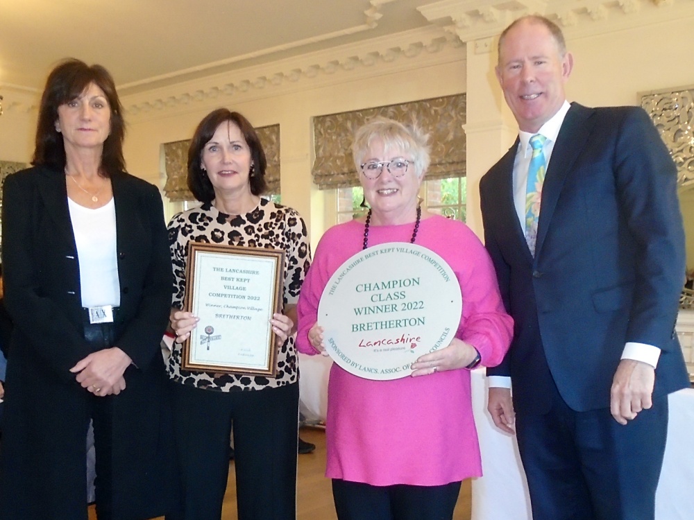 Lancashire Best Kept Village Competition 2022 Champion Village Bretherton. Award presentated by Guy Topping, Managing Director of Barton Grange